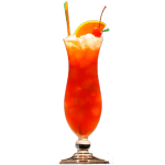 A cocktail with an orange slice and a straw.