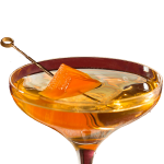A martini in a glass with a slice of orange.